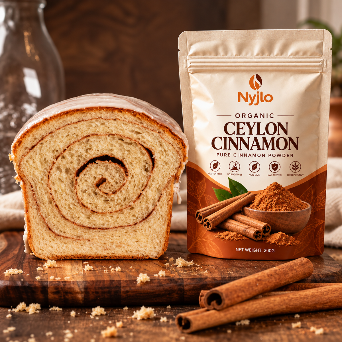 Sliced cinnamon swirl loaf on a board